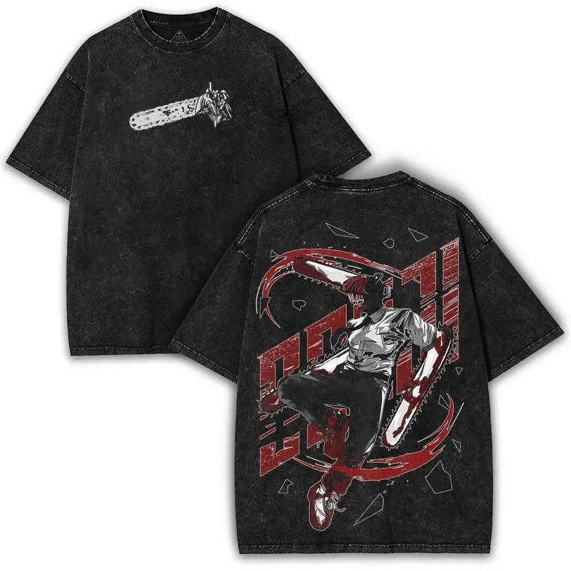 Почита Денджи Человек-бензопила Женская футболка Хлопковая футболка с эффектом потертости Мужская ретро-одежда Футболки с коротким рукавом Уличная мода Харадзюку XXL чёрный 1680₽