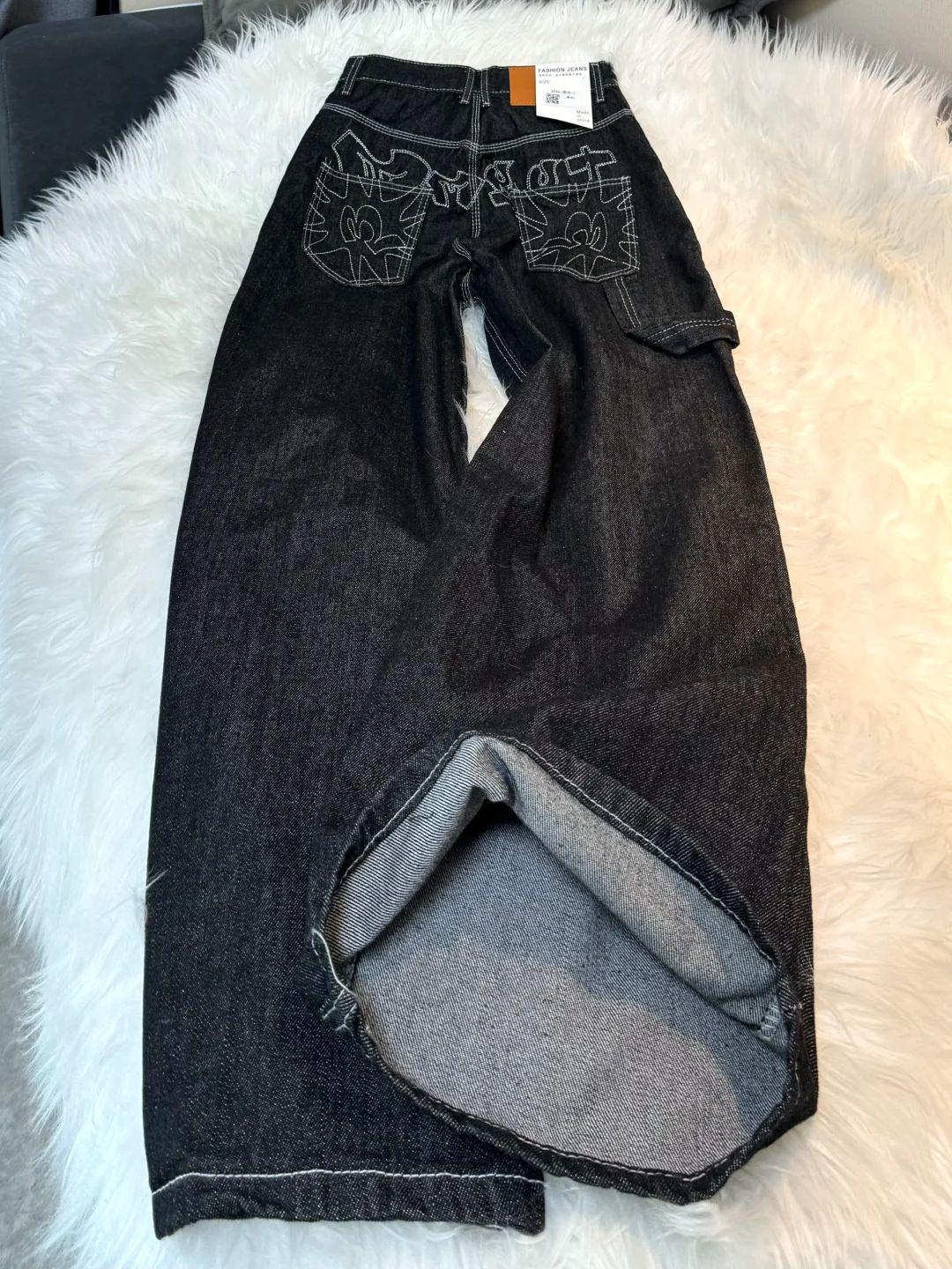 Retro Streetwear in Übergrößen: Bedruckte bestickte weite lange Hosen Small schwarz
