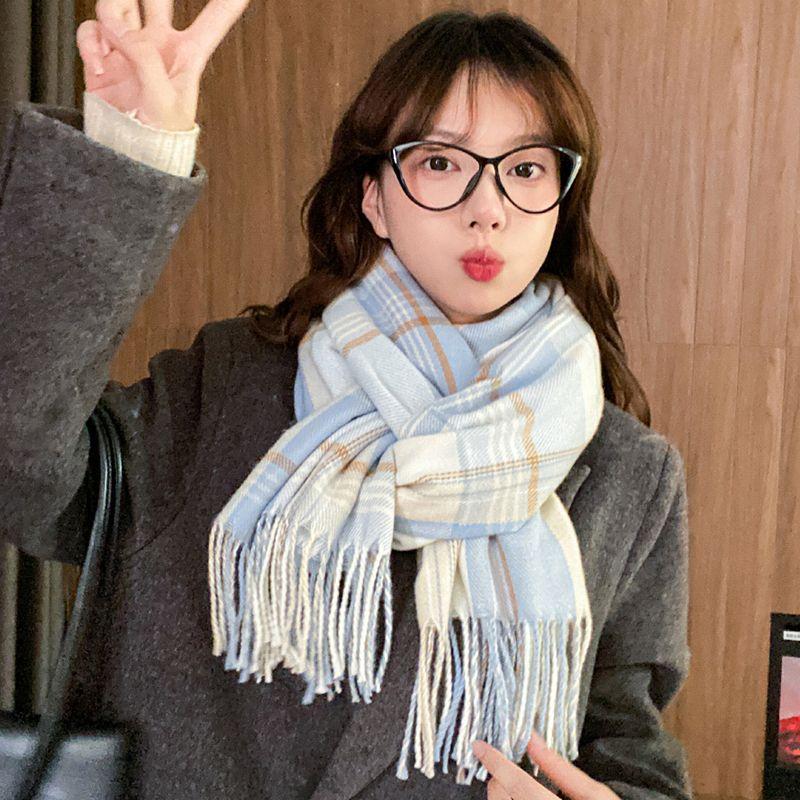 

Женский зимний клетчатый шарф, универсальный корейский японский стиль, милый студенческий, утолщенный теплый, грелка для шеи, шаль One Size