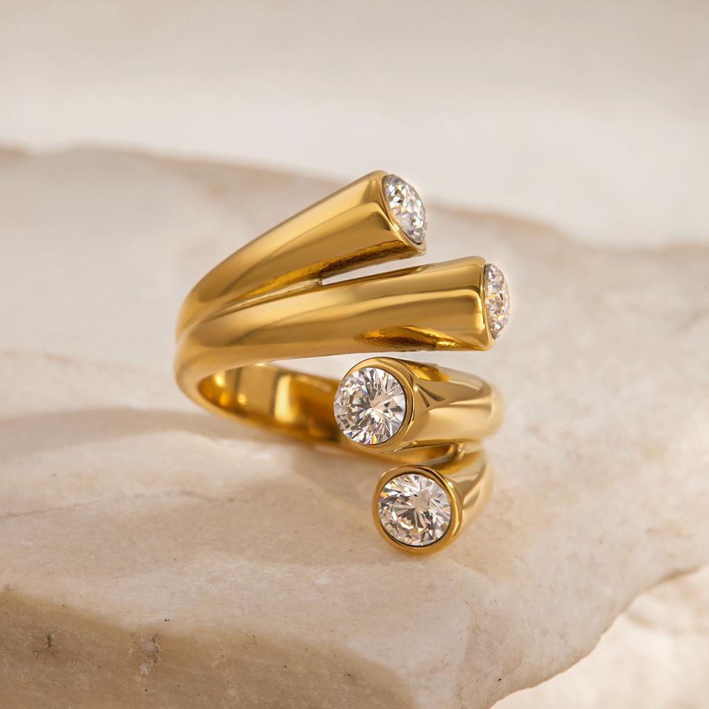 Youthway Zirconia Double Layers Open Ring Stainless Steel Colorfast Fashion Jewelry Geometric Hollow Designs Ring