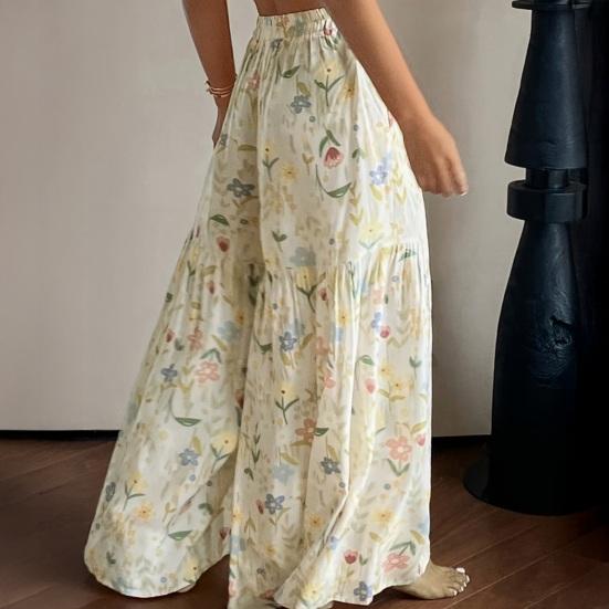 Women Trousers Elastic Waist Floral Print Splicing Design Wide Leg Long Trouser with Pockets Travel Work School Daily