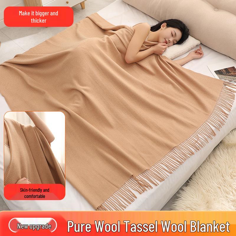 Pure Wool Tassel Shawl & Blanket - Thick, Warm, Skin-Friendly, Two-in-One Air Conditioning Blanket