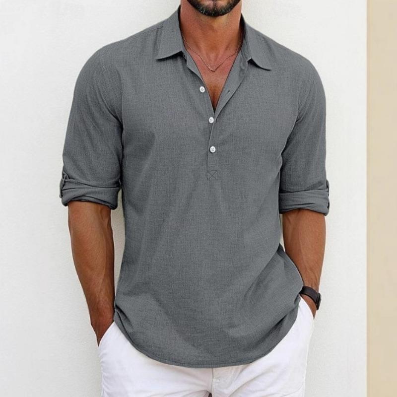 Men's Breathable Long-sleeved Lapel Cotton Linen Shirts with Shoulder Straps