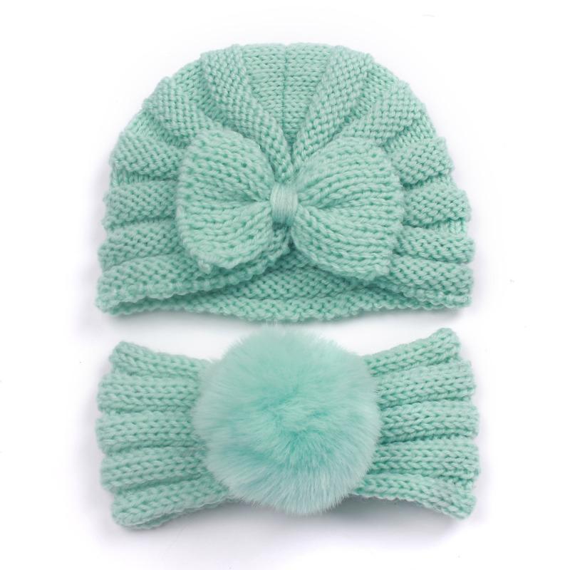 New children's winter warm headscarf hat set, baby bow pullover hat, baby headband