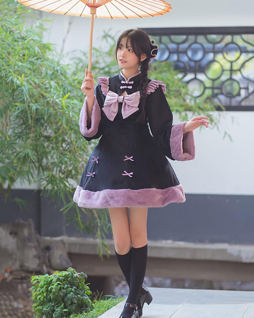 Milky Time Women's Medium Lolita Dress, Long Sleeves, Black and Purple Velvet, Winter Cosplay Costume