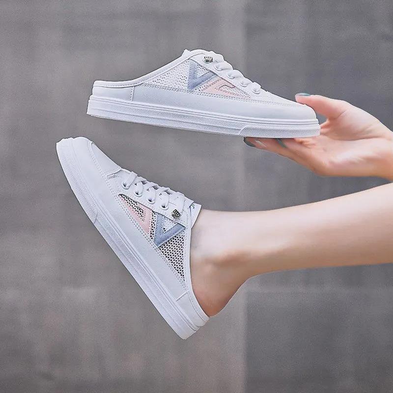 WTEMPO Damen Atmungsaktive Outdoor Mesh Schuhe Frühling Sommer Einfache Weiche Sohle Baotou Flache Feste Beiläufige Halbe Hausschuhe