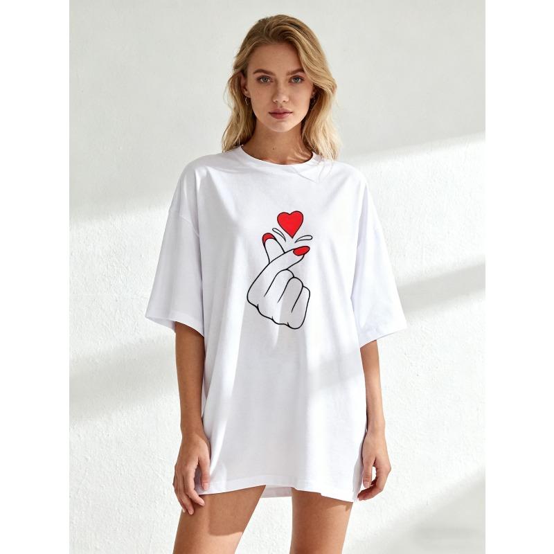 Übergroßes T-Shirt Schwarz Hand hält Herz Aufdruck Freizeitkleidung