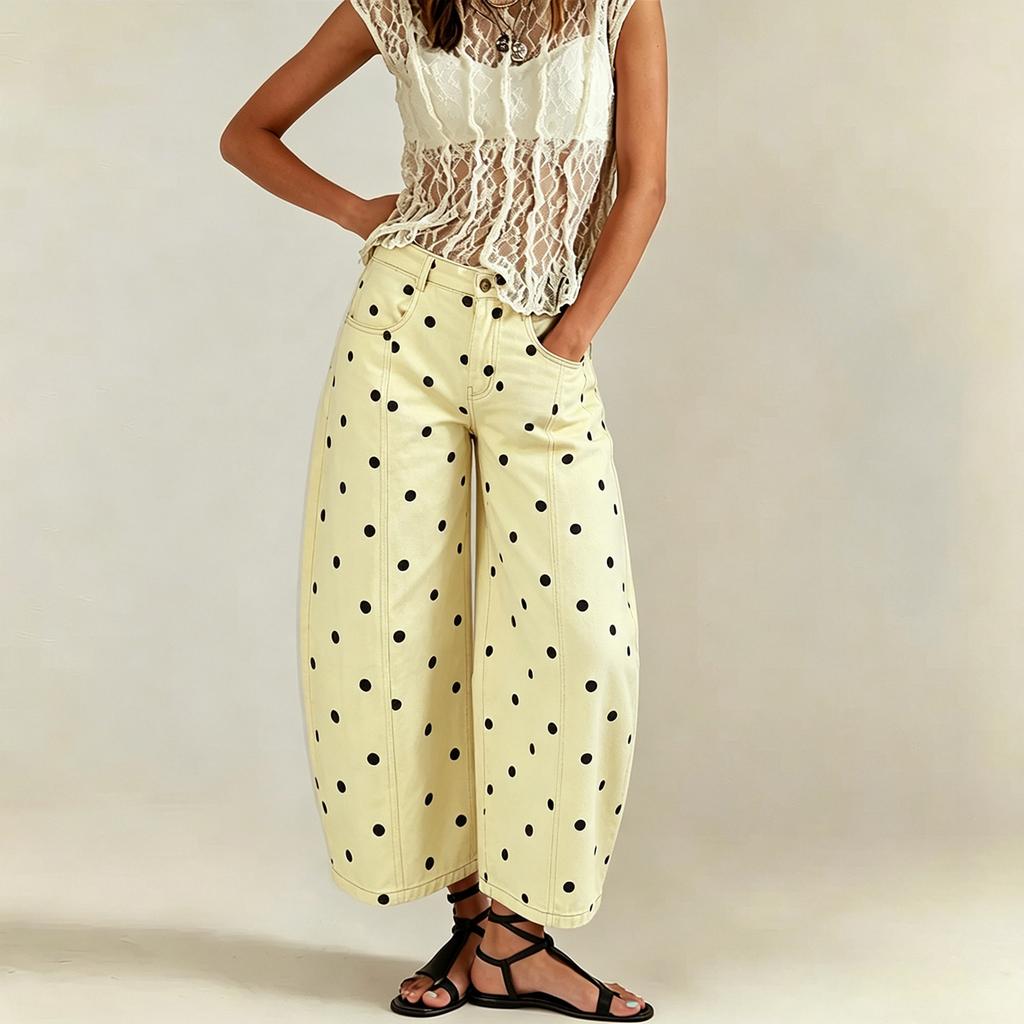 Jeans Cropped Feminino de Bolinhas com Caimento Médio Solto para Uso Casual Diário