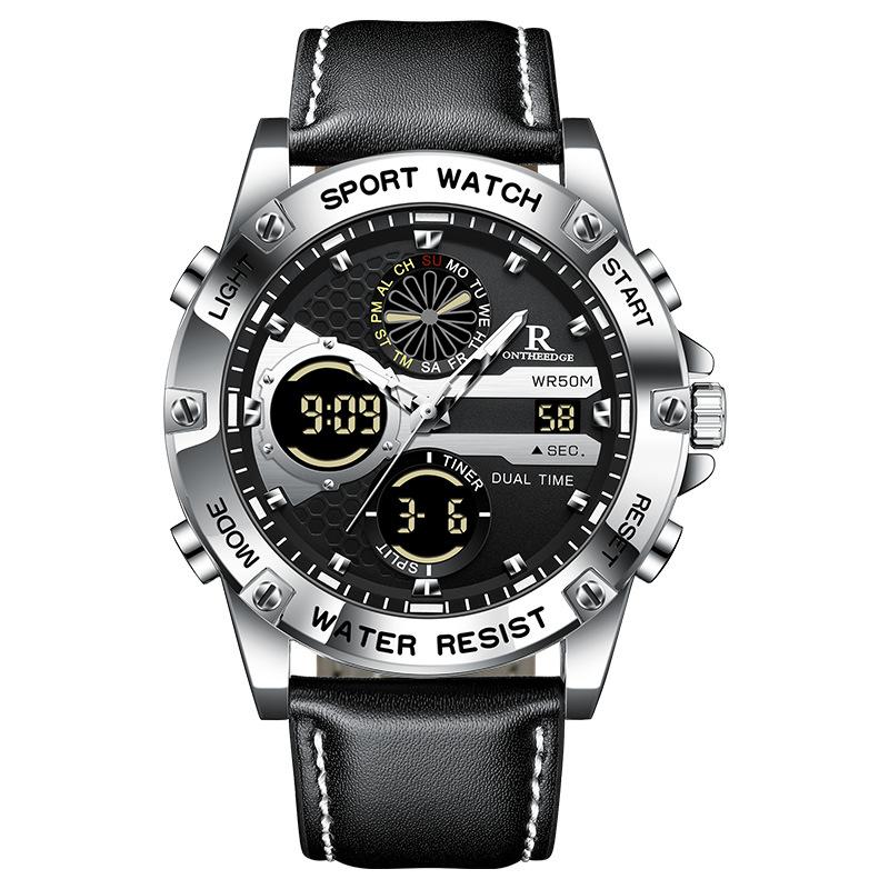 Outdoor Sport Electronics Watch for Men Leather Strap Auto Date Casual Waterproof Luminous Dual Digital Watches