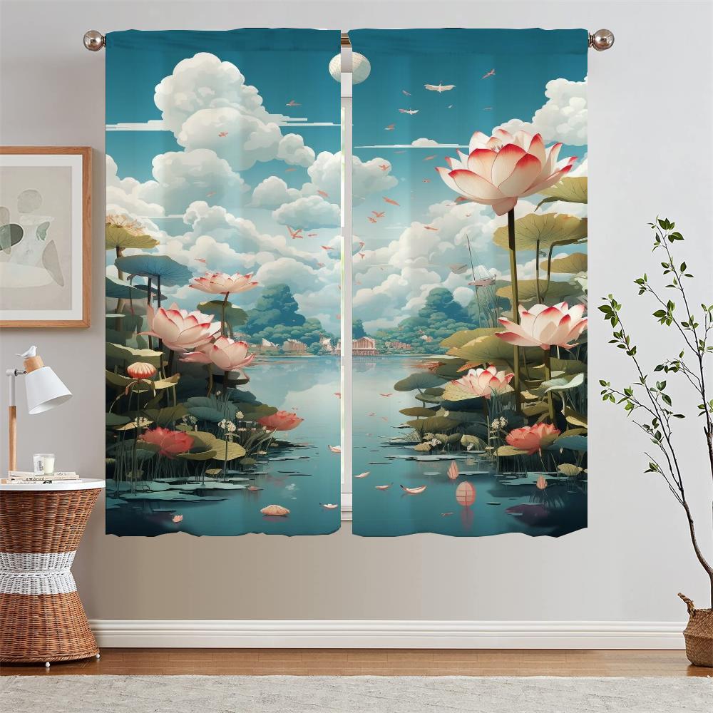 Summer Theme Lotus Pond Kitchen Curtains Livingroom Elegant Room Curtains for Bedroom Decoration Home and Decoration Blackout