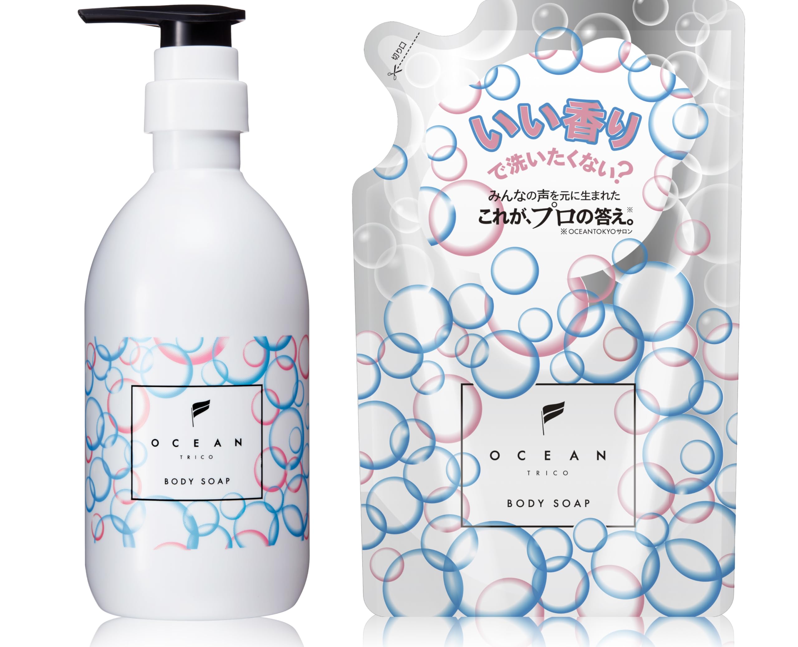 OCEAN TRICO Body Soap - Naturally Spreading Happy Scent - 500ml Bottle + 400ml Refill Set