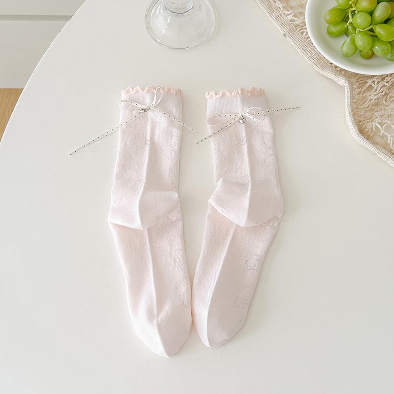 

Girls Spring/Summer Mesh Slouch Socks: Breathable Cotton Mid-Calf with 3D Bow, Ballet Style One Size