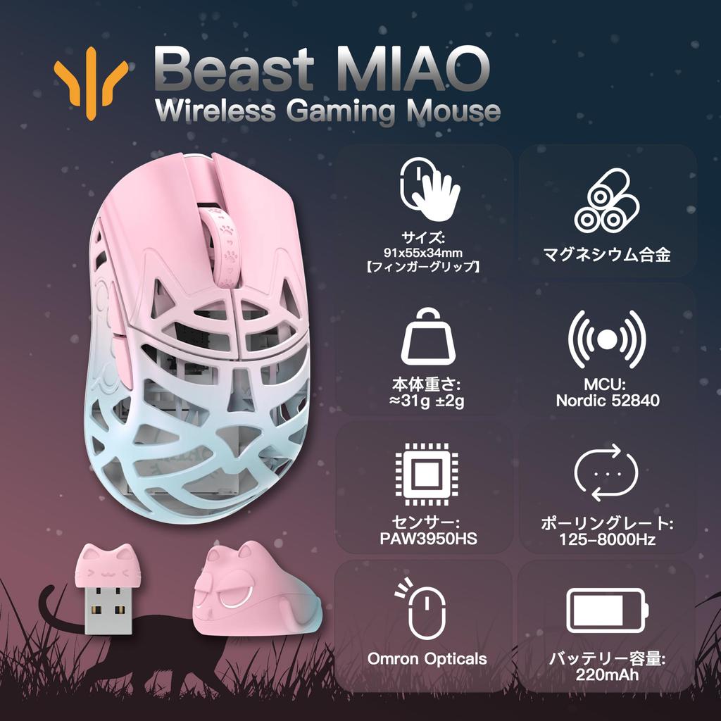 WLMOUSE Beast Miao Wireless 31g Gaming Mouse with Finger Ambidextrous 8KHz Polling Lightweight Magnesium Alloy PAW3950HS Sensor Japanese Pink 2.4g