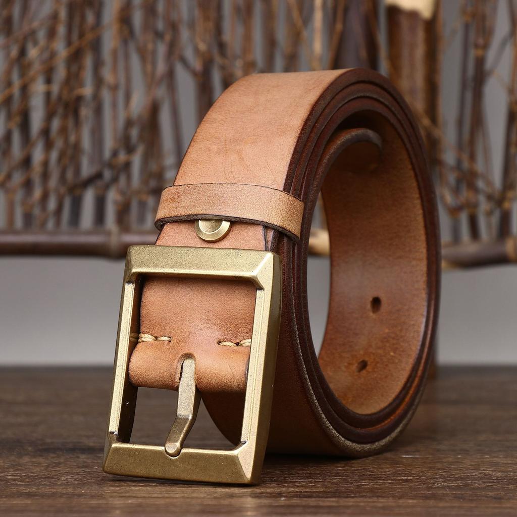 Retro Thickened First-Layer Cowhide Copper Buckle Belt Men'S Genuine Leather Pin Buckle Trendy Versatile High-End Tough Guy Rein Belt