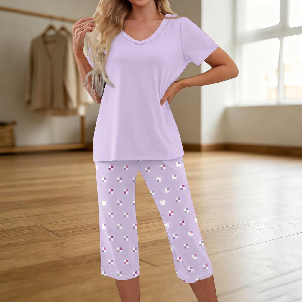 Women's Printed Short Sleeve Pajama Set - Casual Two Piece Sleepwear with Pants