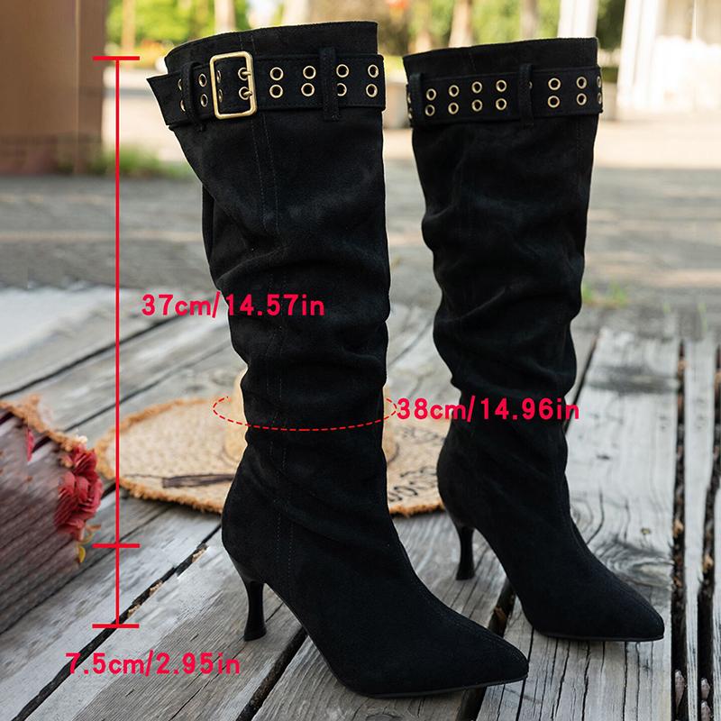 Fashion Buckle Strap High Heel Long Boots for Women Fashion Pointed Toe Stiletto Heeled Party Shoes Women Pleated Design Knee High Boots