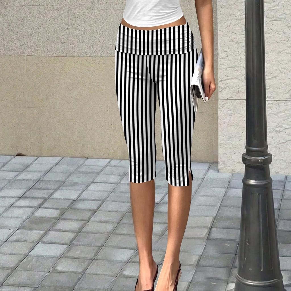 Women Striped Capri Leggings Soft Stretch Cropped Pants Elastic Waist Pull On Athletic Yoga Bottoms Summer 2024