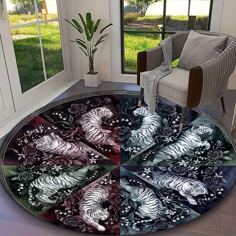 1pc Dark Floral Tigers Rug, Digital Printed Home Chair Sofa Mat, Durable Office Round Carpet, Beautiful Festival Decorations