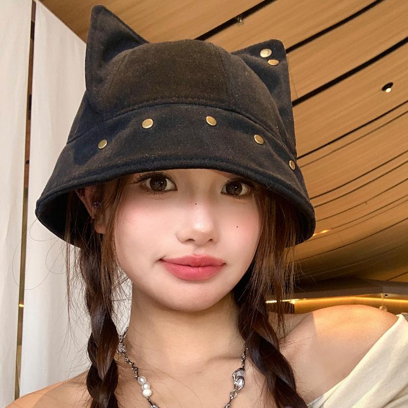 1Pieces Cute Three-dimensional Cat Ears Rivets Personalized Bucket Hat Spring Autumn Mountaineering Scarf Christmas Gifts