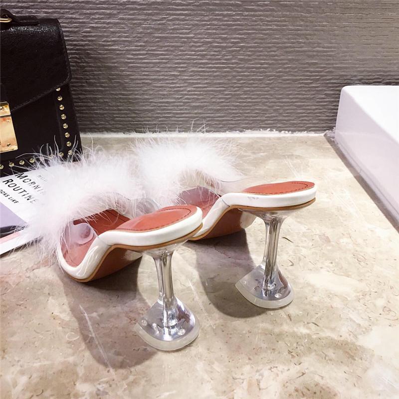 Eilyken Women Feather Transparent High Heels Fur Pumps Slippers Peep Toe Mules Pumps Slides White Ladies Shoes