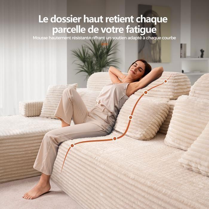 Reversible corner sofa with chaise longue, high back modular sofa, deep seat sofa bed without assembly beige