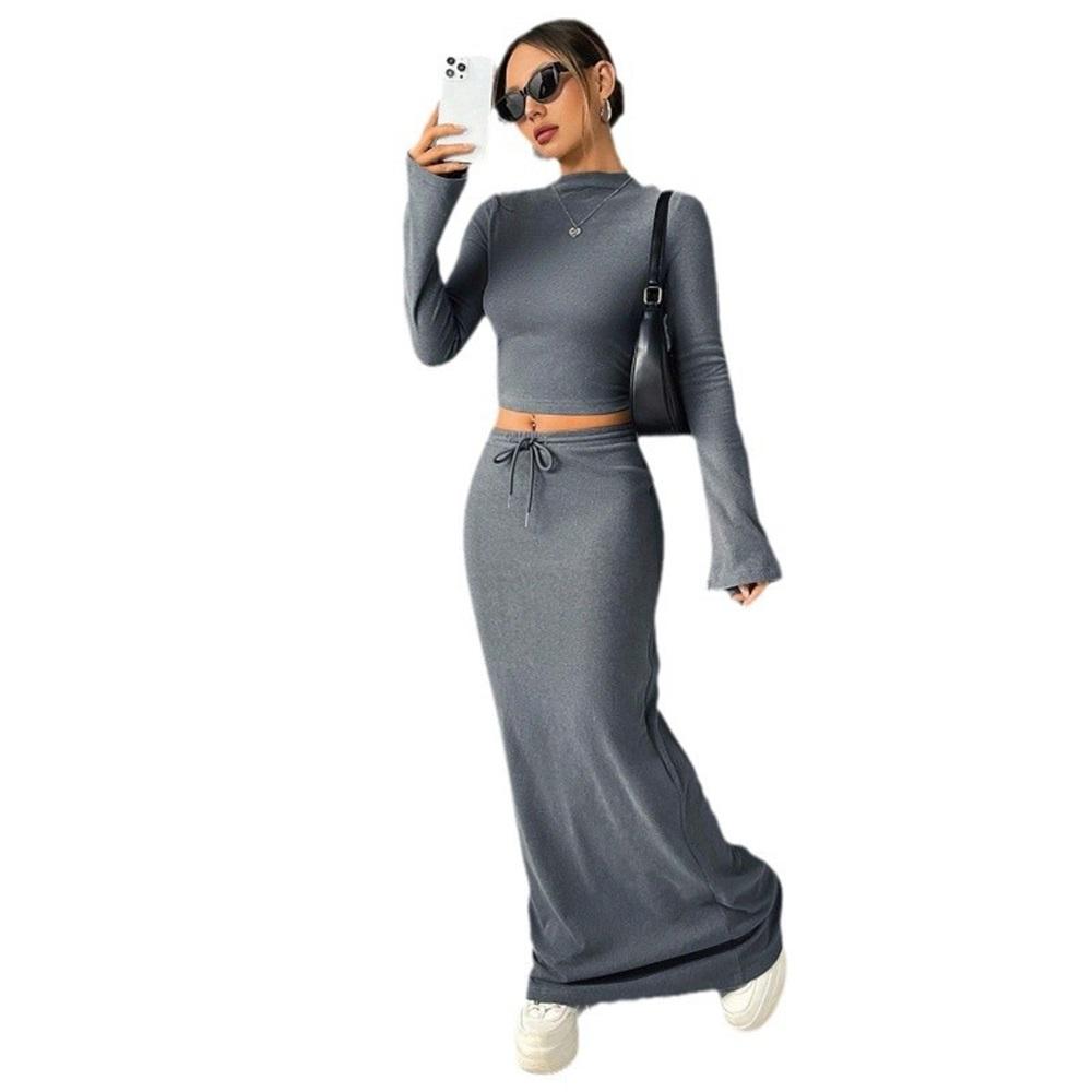 Women's skirt set solid color long sleeve round neck T-shirt long skirt two-piece set