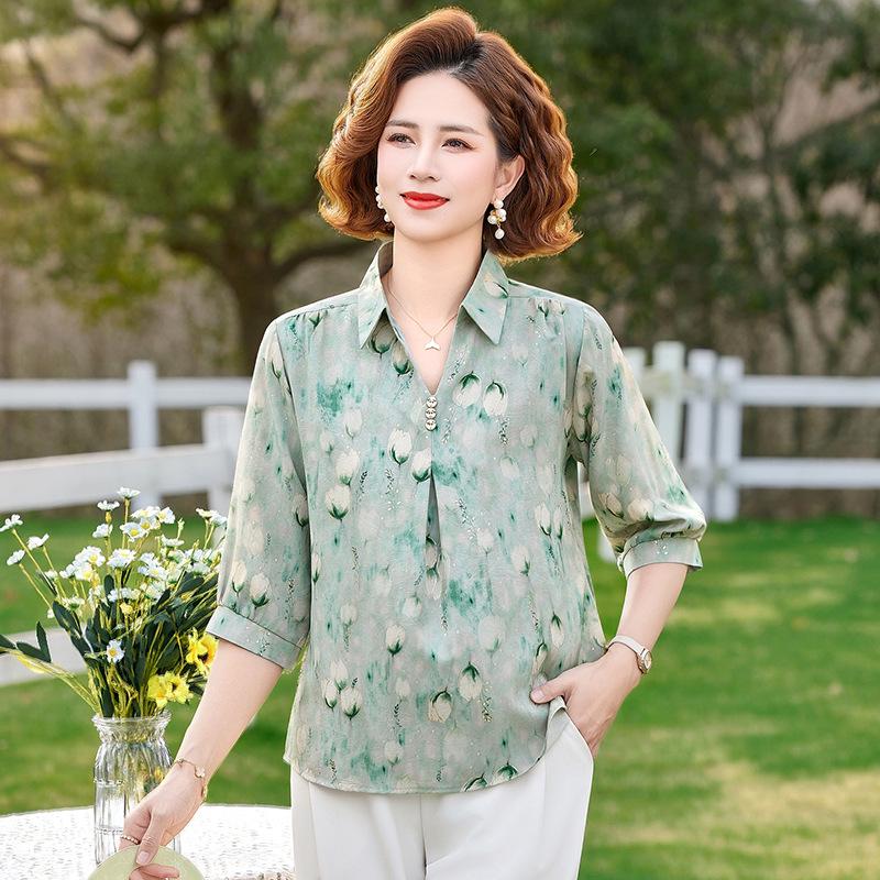

2026 New Style Summer Short Sleeve Floral Shirt for Middle-Aged & Elderly - Plus Size Casual Versatile Top 3XL (120-135 jin) зелений