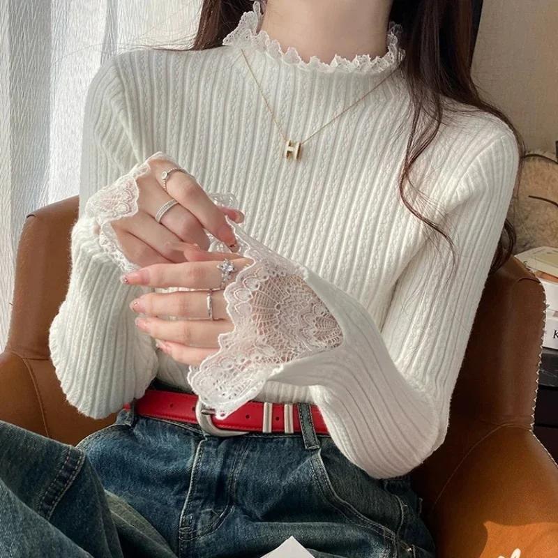 Rollkragen Skinny Elastisch Gestricktes Hemd Damen Pullover Pullover Oberteile Frühling Herbst Damen Langarm Strick Patctwork Spitze Hemden