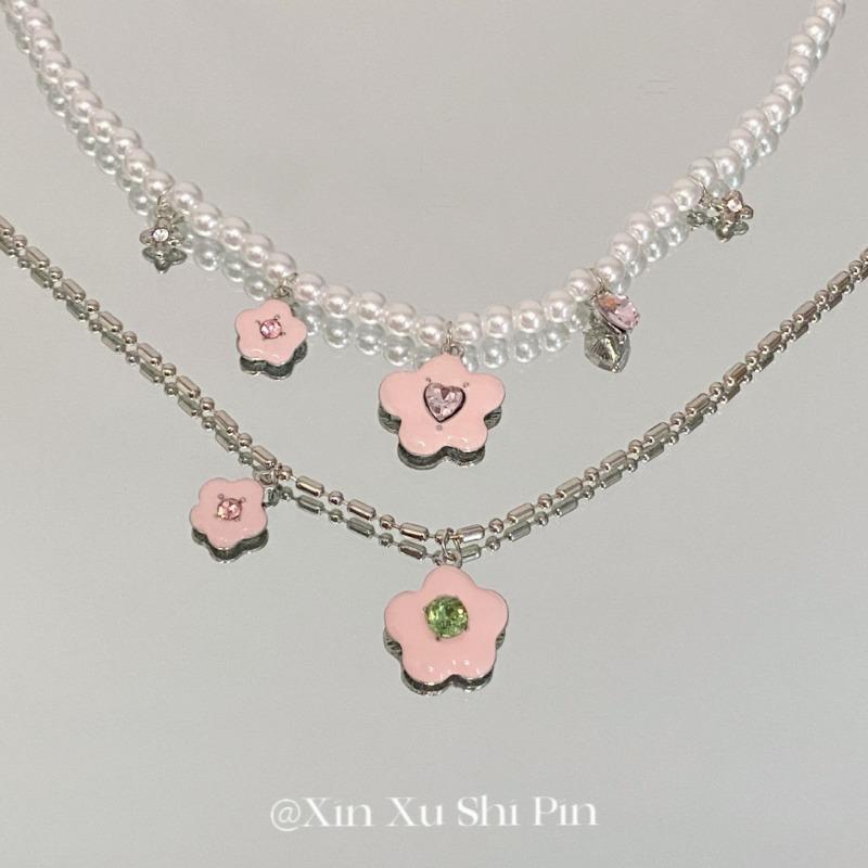 New Fashion Geometric Flower Colorful Diamond Double Layer Layered Necklace for Women