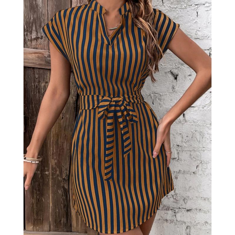 Fashion Short Sleeve Summer Striped Dress V Neck Elegant Slim Fit Elegant Short Party Dresses Casual Lace-up Sweet Street Wear Clothing
