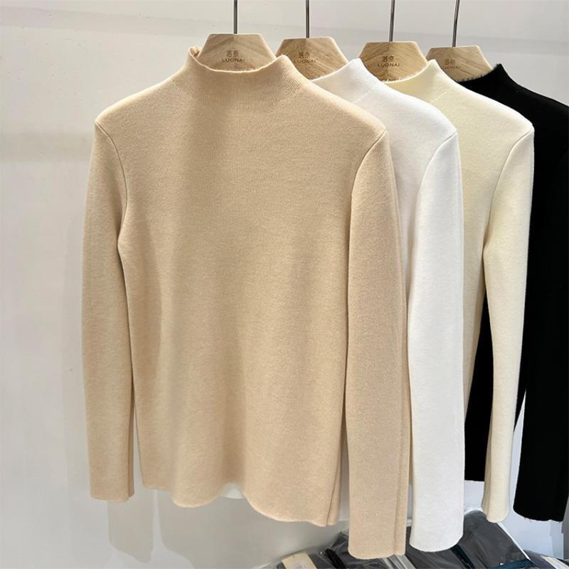 Autumn Half High Collar Slim Fit Warm Knitted Sweater Women Fashion Winter Thick Velvet Base Pullover Sweaters for Women Casual Plush Knitwears 24886