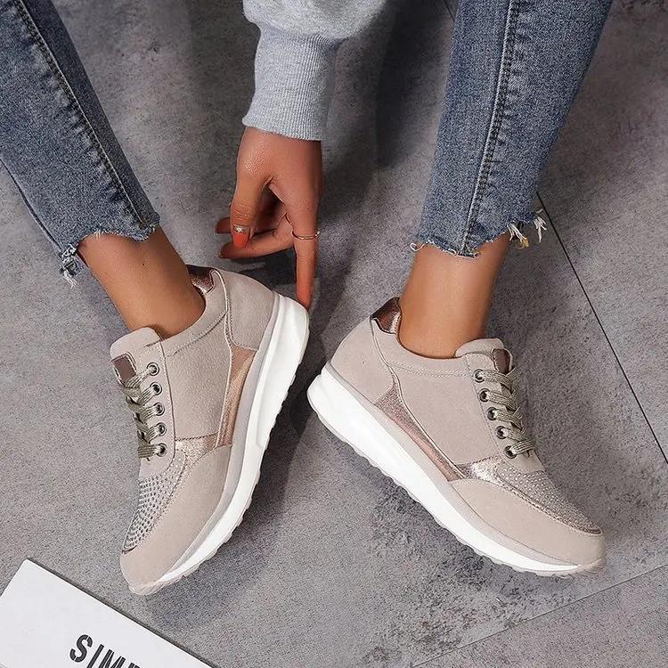 Women Sneaker Autumn Lace Up Vulcanized Shoes Woman Casual Platform Female Sequined Cloth Shoes Ladies Flat Footwear