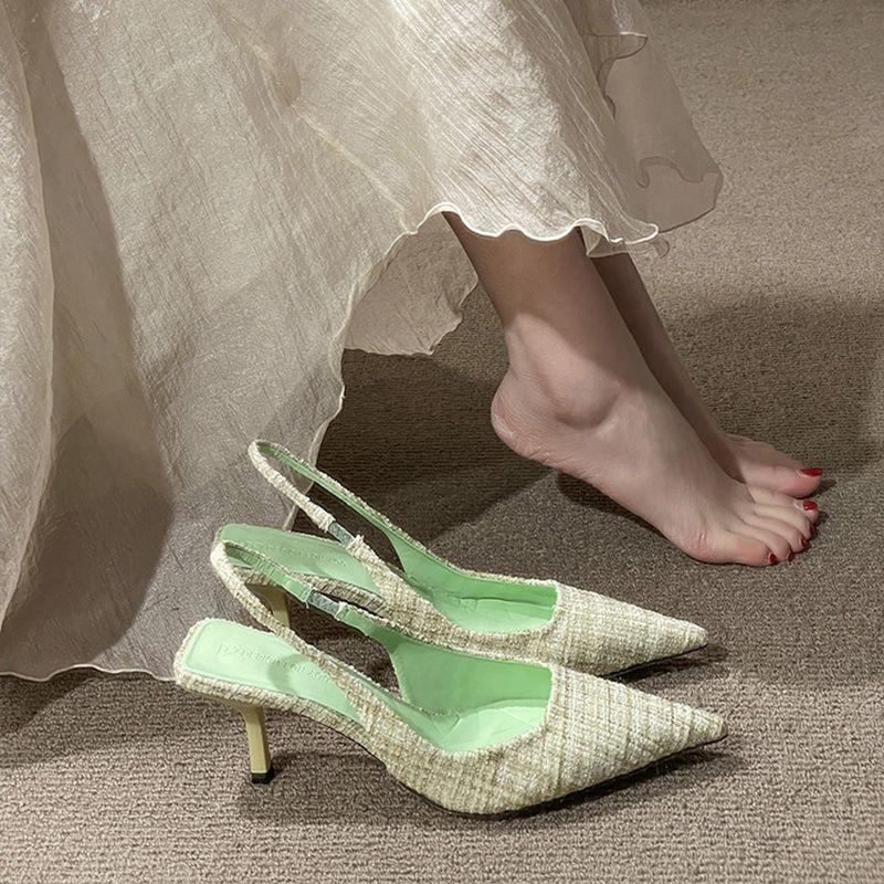 Sea Salt Blue Temperament Bag Head Sandals Spring and Summer Thin Heel Pointed Back Empty Single Shoes