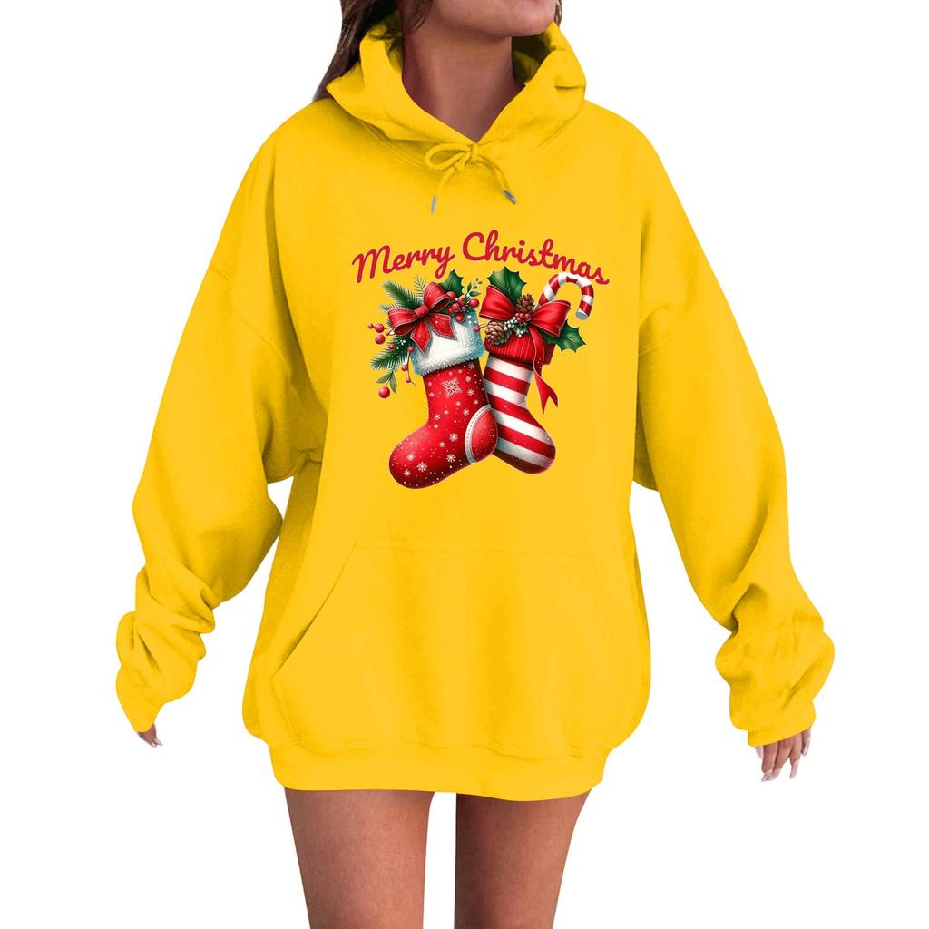Women's Fashion Casual Long Sleeve Loose Christmas Print Hooded Sweatshirt