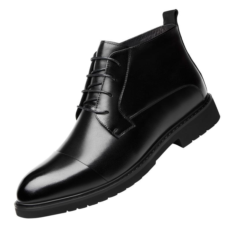 Winter leather boots high-top leather shoes men's height-increasing three-joint Chelsea boots British pointed velvet cotton Martin boots