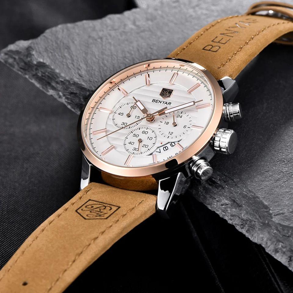 BENYAR 5104 Watch Men Top Fashion Brand Quartz Sport Leather Strap Watches Business Analog Leather Male Waterproof Clock Relojes