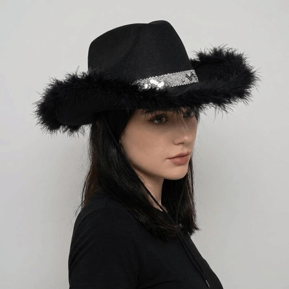 Wide Brim Western Cowboy Hat Furry Trim Sequin Cowgirl Hat Classic Jazz Hat Ladies