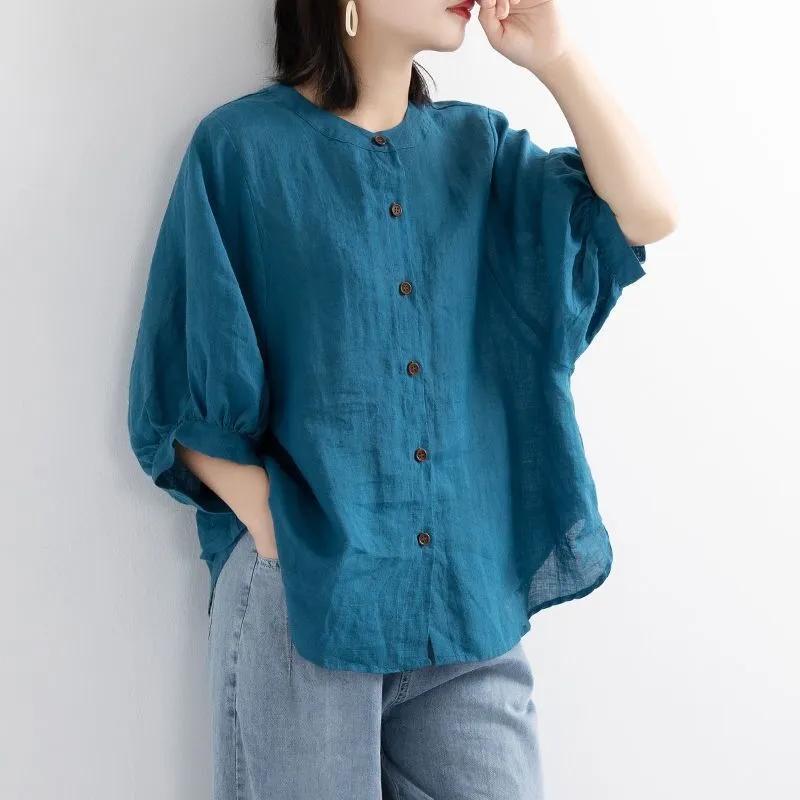Women's Spring Vintage Boho Cotton-Linen Shirt with Bell Sleeves and Relaxed Mid-Length Fit