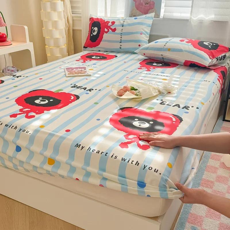 1 Pc 100%Cotton Bed Sheet Cartoon Fish Printed Fitted Sheet with Elastic Band Single/Queen/King Pure Cotton Bed Botton Sheets
