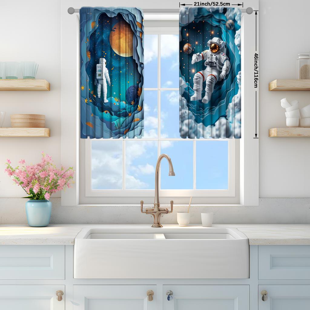 2pcs Astronaut Into Space Printed Curtain for Home Decor - Rod Pocket Window Treatment for Bedroom, Office, Kitchen, Living Room