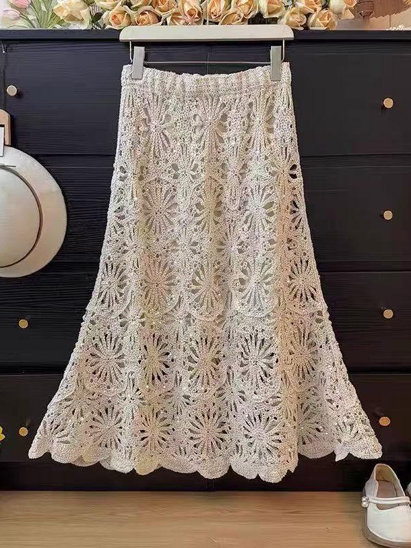 Luxury Sequin Hollow Knit Midi Skirt - Women's High-Waisted A-Line for Spring 2026