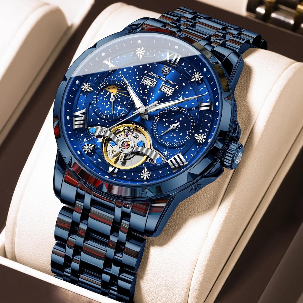 Luxury Rhinestone Hollow Tourbillon Automatic Mechanical Watch, Stainless Steel Band Date Business Men Wristwatch