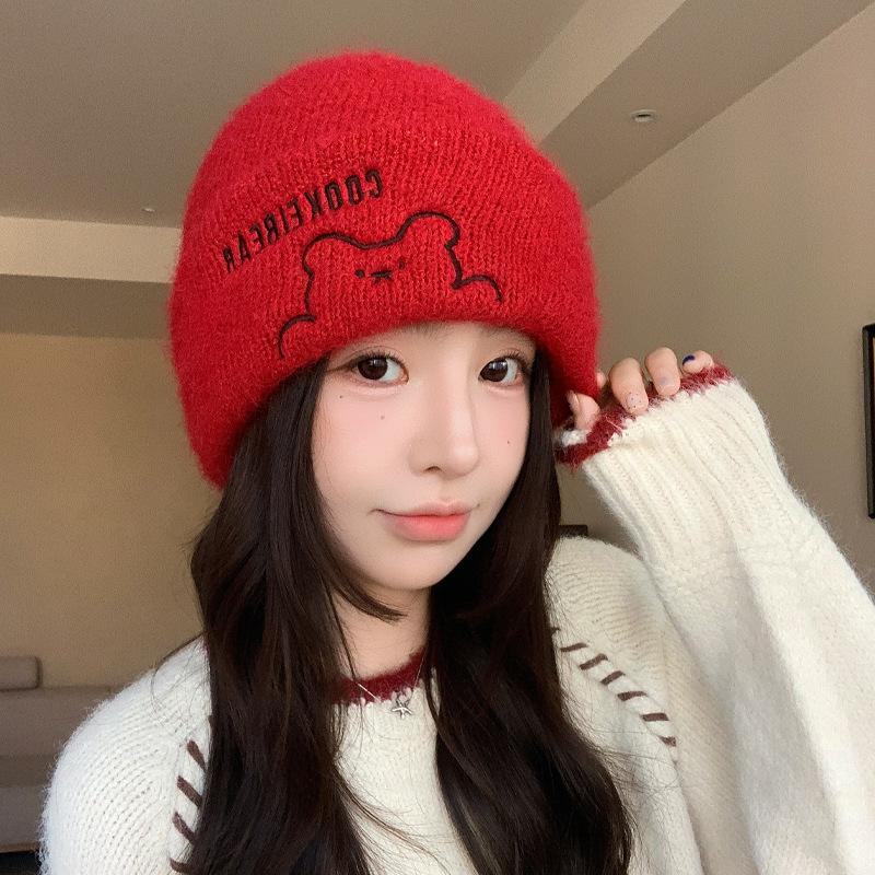Winter Versatile Hat Female Cute Bear Knitted Hat Thickened Windproof Wool Hat Fashionable Warm Bald Hat