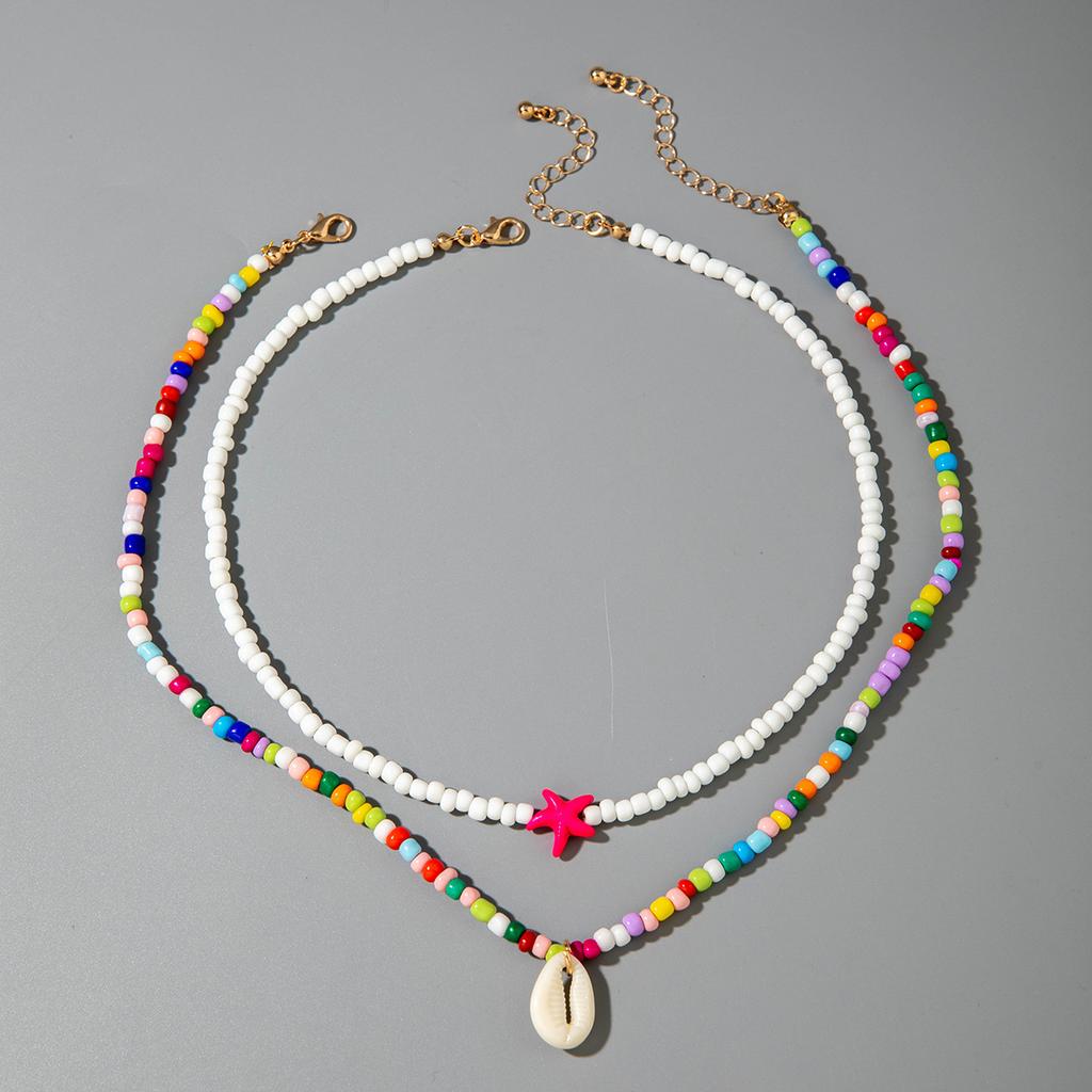 Layer Beaded Necklace Boho Style Handmade Seed Bead Choker Necklace 2pcs Starfish Cowrie Shell, Stacking Beach Jewelry