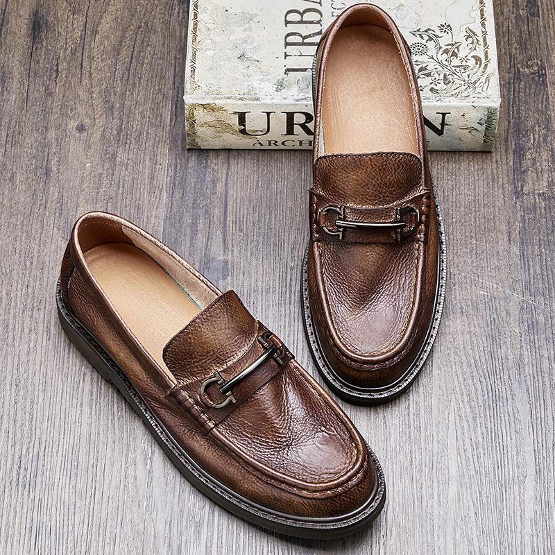 Soft Leather One-Pedal Men'S Shoes Genuine Leather Handmade British Breathable Casual Leather Shoes Men'S Business Beanie Loafers Men Lazy