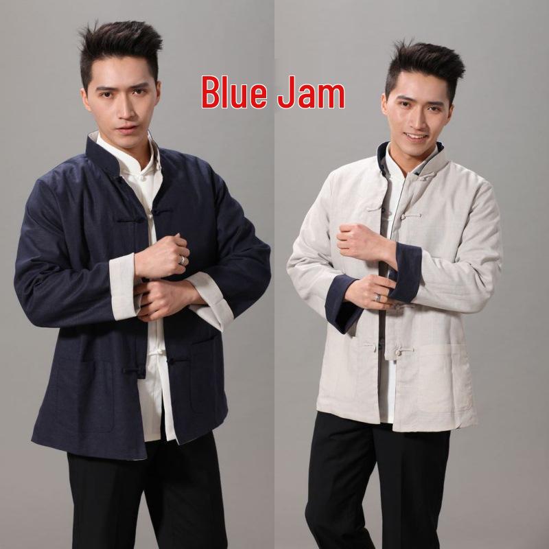 

Мужской пиджак в этническом стиле Тан: Двусторонний хлопково-льняной ханьфу с длинным рукавом для весны/осени L