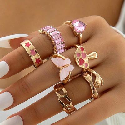 Rosa Öl-Tropfen Pilz Stern Edelstein Ring Schmetterling Herz Diamant Handflächenring Set