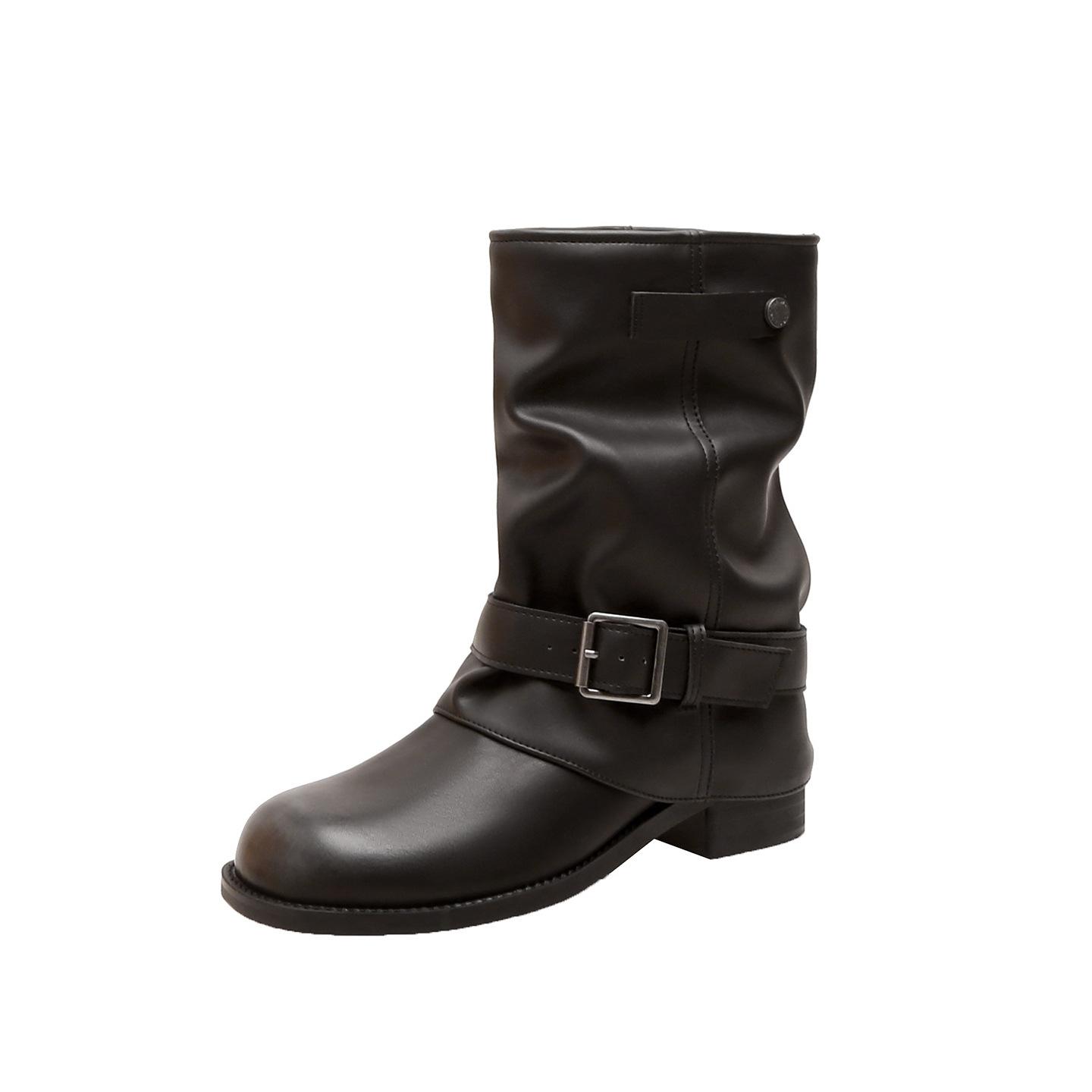 

Cowhide version, wasteland wind thick bottom heightening width, large tube circumference stacking boots, western leather short boots, women s 2025 aut 40