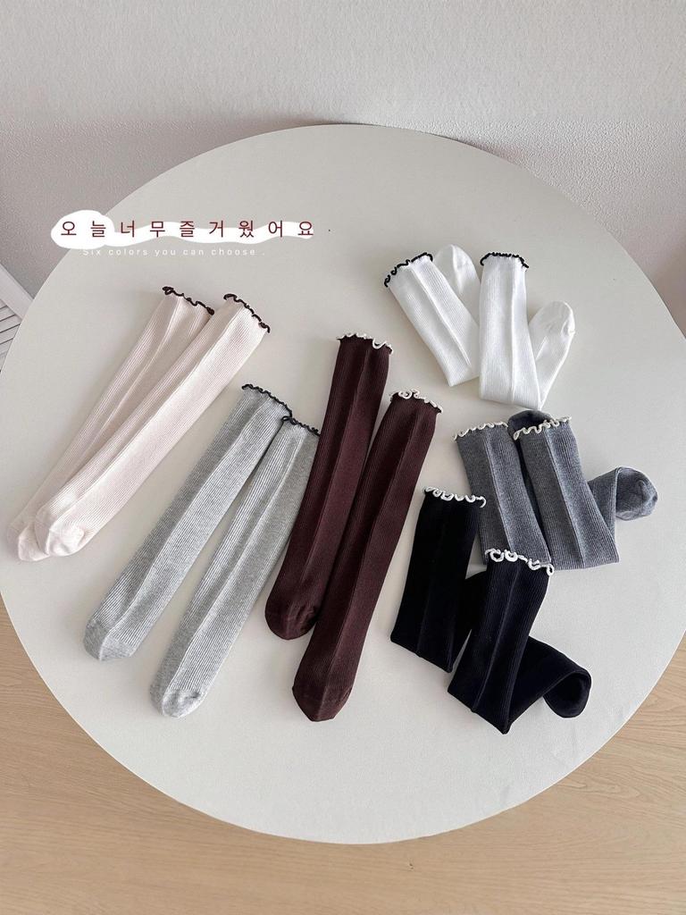 New Autumn & Winter Girls' Lace Ruffle Edge Mid-Calf Socks - Solid Color Princess Style