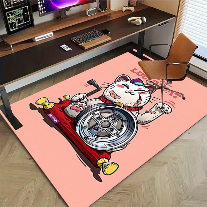 1pc LUCKY CAT Home Office, Durable Polyester Floor Mat with Easy, Office Decor, Urban Style, Nonslip Backing